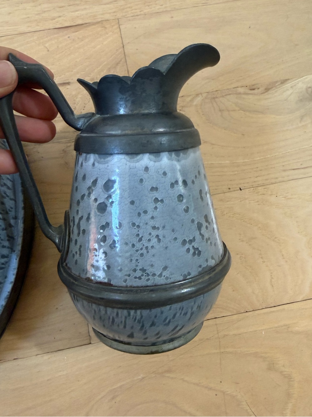 Antique Graniteware & Pewter Creamer Pitcher Vintage Scalloped Edge